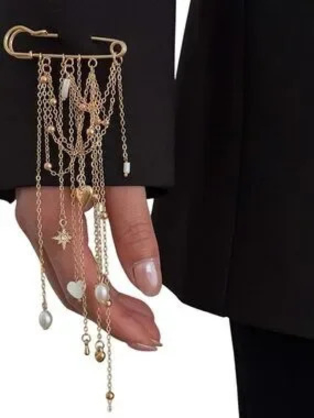 Gilded Cascade Brooch with Pearl Charms and Artful Chain